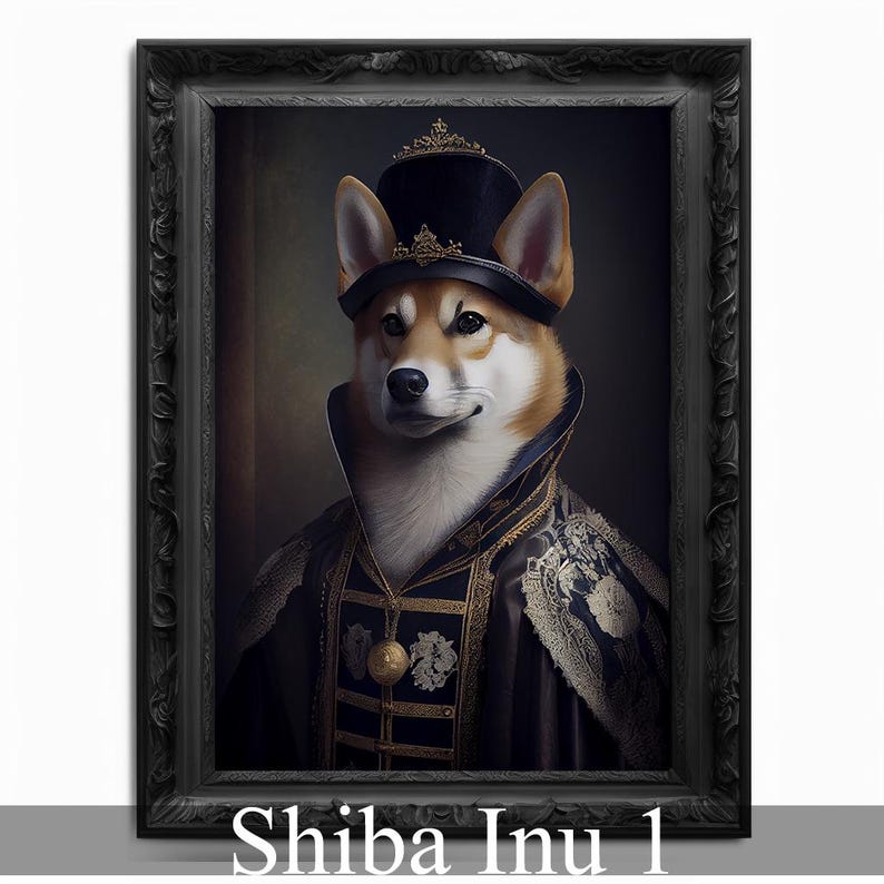 May include: A Shiba Inu dog wearing a black and gold royal costume with a crown on top of a black hat. The dog is looking directly at the viewer. The background is a dark gray.