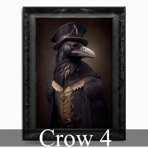 May include: A black crow wearing a gold and black military-style hat with a gold trim. The crow is wearing a black and gold jacket with a gold chain. The background is a dark brown.