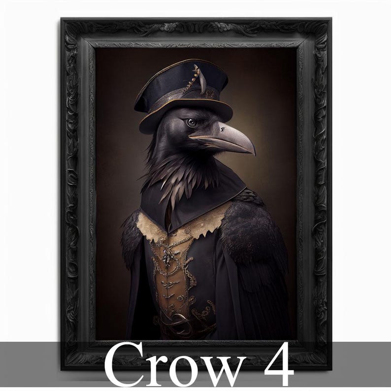 May include: A black crow wearing a gold and black military-style hat with a gold trim. The crow is wearing a black and gold jacket with a gold chain. The background is a dark brown.