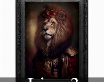 May include: A painting of a lion wearing a red and gold crown and a red and gold robe. The lion is looking to the left. The painting is framed in a black frame. The text "Lion 3" is below the painting.