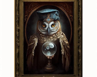 水晶玉の予言者フクロウの肖像：堂々としたヴィンテージアートプリント