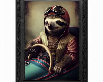 May include: A brown and tan sloth wearing a red racing helmet and goggles, driving a blue race car. The sloth is smiling and has a determined look on its face. The car has a red steering wheel and a black dashboard.