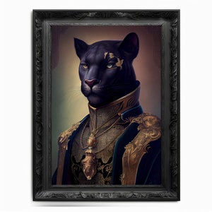 May include: A black panther wearing a gold and blue regal outfit with a gold chain and pendant. The panther has a golden design on its forehead.