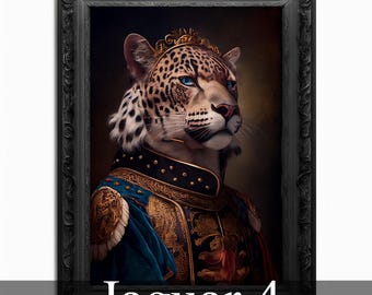 May include: A digital painting of a jaguar wearing a gold crown and a blue and gold patterned coat. The jaguar has blue eyes and a serious expression. The background is a dark brown color. The text "Jaguar 4" is printed below the image.