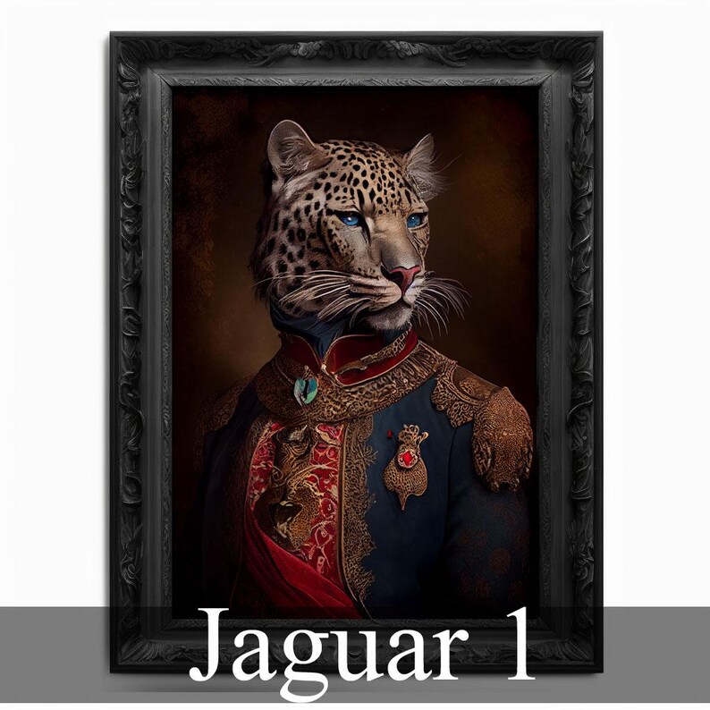 May include: A painting of a jaguar dressed in a military uniform with gold trim and a red sash. The jaguar has blue eyes and a serious expression. The painting is framed in a black frame.