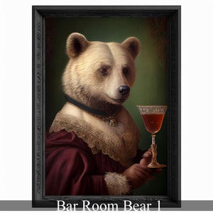 Bar Room Bear Wall Art Print, Animal Lover Vintage Regal Bear Drinking Wine Poster Victorian Drinking Bear Portrait Royal Painting Bear Gift