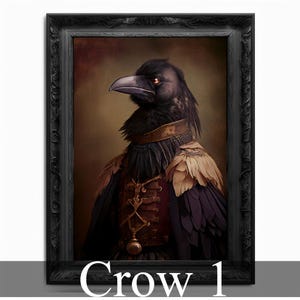 May include: A black crow wearing a gold and red military uniform with gold accents and feathers. The crow has a serious expression and piercing yellow eyes. The image is framed in a black ornate frame.