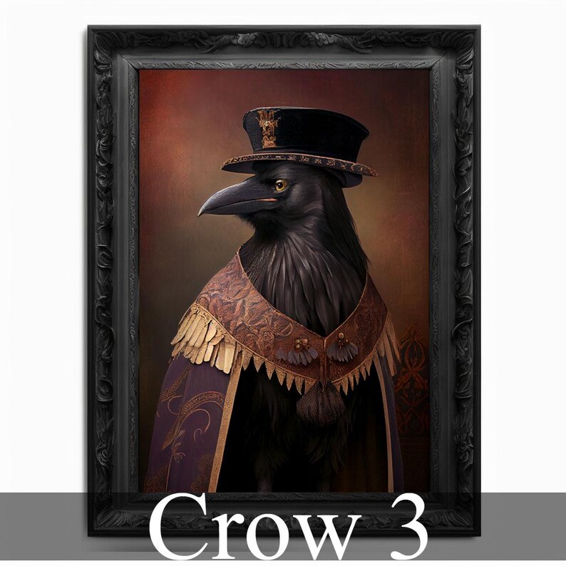May include: A black crow wearing a gold and purple robe and a black hat with gold accents. The crow is depicted in a portrait style against a brown background. The image is titled "Crow 3".