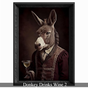 Esel Trinkt Wein Portrait, Tierkopf Malerei, Veränderte Kunst, Bar Poster, Regal Vintage Kunstwerk, Einzigartige Kunst Druck, Lustiges Geschenk