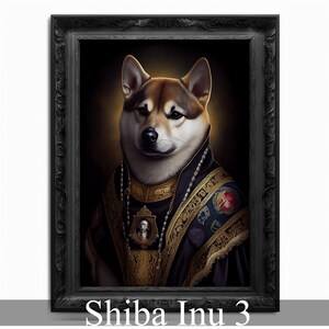 May include: A Shiba Inu dog dressed in a regal, gold and black robe with a jeweled necklace. The dog is looking directly at the viewer with a serious expression. The background is a dark brown color. The image is titled "Shiba Inu 3".