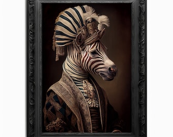 May include: A zebra wearing a gold and black patterned robe and a striped headdress with feathers. The zebra is posed in a portrait style against a dark brown background.