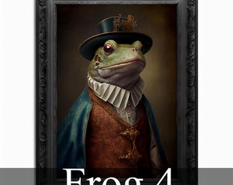 May include: A green frog wearing a blue and gold hat and a brown and gold jacket. The frog is in a black frame with the text "Frog 4" below the image.