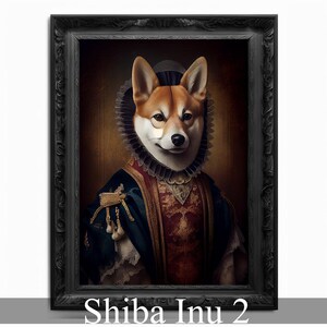 May include: A Shiba Inu dog dressed in a royal costume with a gold and red patterned vest and a blue and gold patterned robe. The dog is wearing a lace collar and a crown. The background is a dark brown color.