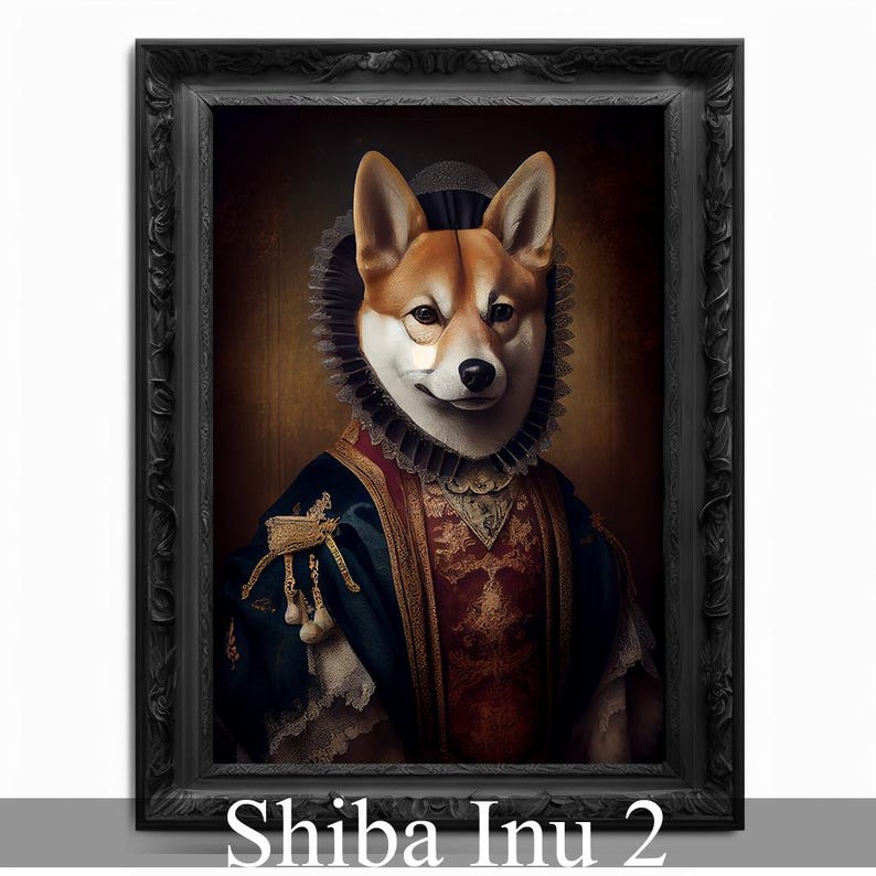 May include: A Shiba Inu dog dressed in a royal costume with a gold and red patterned vest and a blue and gold patterned robe. The dog is wearing a lace collar and a crown. The background is a dark brown color.