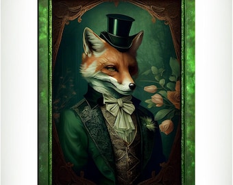 Green Fox Wall Art Print, Green Animal Lover Vintage Regal Art Poster. Victorian Fox Portrait Royal Painting Talented Fox Bar Art Pet Gift