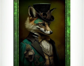 Green Fox Wall Art Print, Green Animal Lover Vintage Regal Art Poster. Victorian Fox Portrait Royal Painting Talented Fox Bar Art Pet Gift