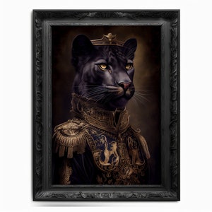 May include: A black panther wearing a gold and blue military uniform with a gold crown on its head. The panther has a serious expression and is looking to the right. The background is a dark brown color.