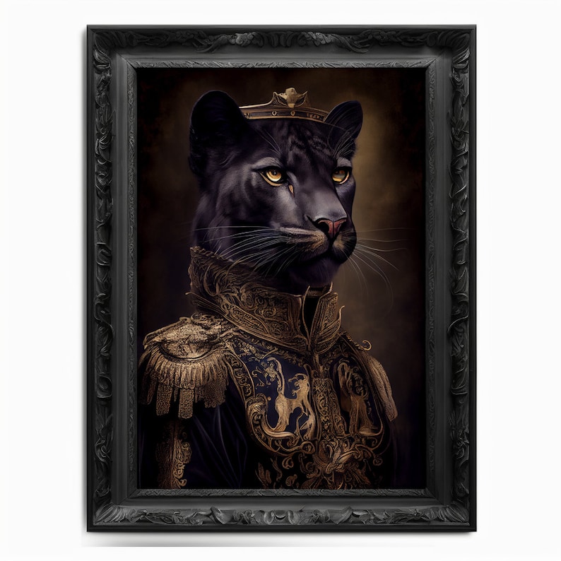 May include: A black panther wearing a gold and blue military uniform with a gold crown on its head. The panther has a serious expression and is looking to the right. The background is a dark brown color.