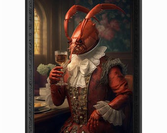 May include: A red lobster wearing a red and gold brocade suit and a white lace collar holds a glass of wine. The lobster is sitting at a table with a plate of food. The background is a dark, ornate room with a window.