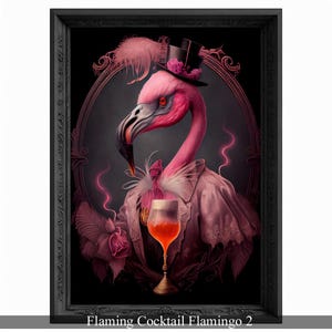 Flaming Cocktail Flamingo, Bar Room Flamingo Wall Art Print, Animal Lover, Flamingo Poster, Drinking Flamingo Portrait Painting Flamingo Art