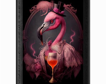 Flaming Cocktail Flamingo, Bar Room Flamingo Wall Art Print, Animal Lover, Flamingo Poster, Drinking Flamingo Portrait Painting Flamingo Art