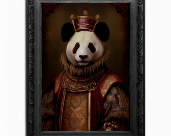 May include: A panda bear wearing a gold and red royal robe and a crown, with a dark background.