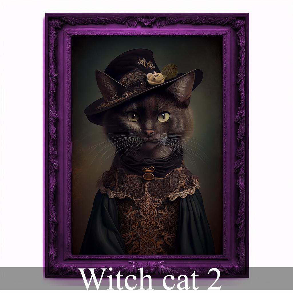 魔女猫の肖像：堂々としたヴィンテージ動物アートプリント - Etsy 日本
