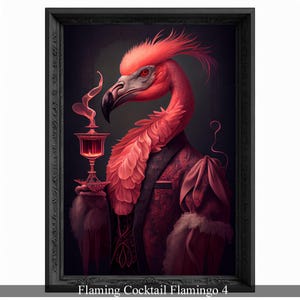 Flaming Cocktail Flamingo, Bar Room Flamingo Wall Art Print, Animal Lover, Flamingo Poster, Drinking Flamingo Portrait Painting Flamingo Art