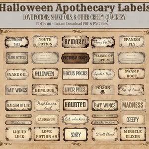 Halloween apotheker etiketten liefdesdrankje slangenolie en andere griezelige kwakzalverij Instant download afdrukbestand Spooky Words, ingrediënten elixerlabel