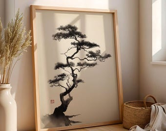 Impresión giclée Zen Pine — Tinta japonesa negra y beige, papel de archivo
