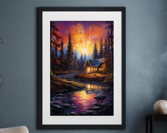 Printable Cabin by the River poster Digital Art cabin INSTANT DOWNLOAD  Wall art river home decor cabin printable Poster