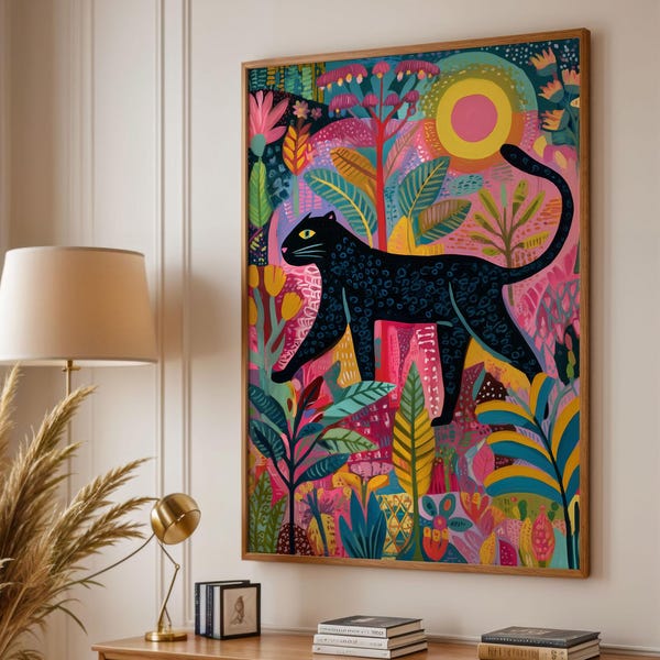 Fauvist Panther Botanica Giclée Print — Pink & Teal Jungle