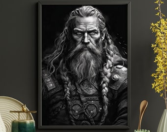 Póster vikingo imprimible, retrato vikingo realista en blanco y negro, descarga digital, guerrero vikingo, impresión, arte de pared, decoración del hogar