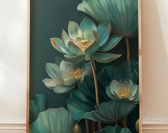 Lotus Nocturne Giclée Print — Teal & Gold Botanical, Archival Paper