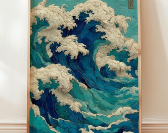 Può includere: Stampa incorniciata di un'onda oceanica stilizzata nei toni del blu e del bianco. L'opera d'arte presenta un aspetto strutturato, con l'onda che si infrange. La stampa è in una cornice di legno, adatta per l'arredamento murale.