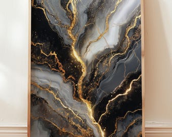 Golden Veins Abstract Art Print: Black and Gold Modern Home Decor