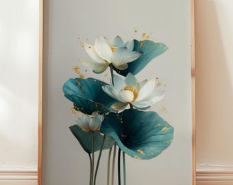 Lotus Serenade Giclée Print — Teal & Gold Botanical, Archival Paper