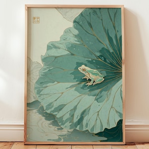 Japanese Frog Art Print: Lotus Leaf Zen Wall Decor