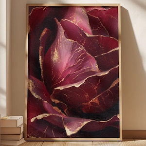 Burgundy Rose Giclée Print: Gold Floral Botanical Wall Art