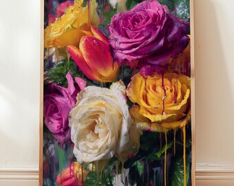 Kwiatowy rozkwit, wydruk giclée – kapiące róże i tulipany, dekoracja ścienna: żółty, różowy, biały, wystrój współczesny