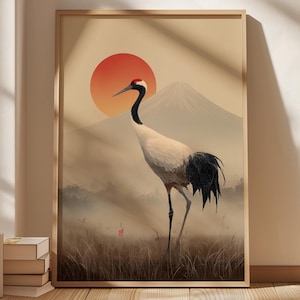 Stampa murale di gru giapponese, uccello dalla corona rossa, poster del Monte Fuji, regalo per lei, decorazione Japandi, opera d'arte minimalista naturalistica, stampa di gru Japandi