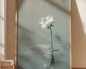 Minimalist White Lotus Flower Print: Zen Yoga Room Botanical Art