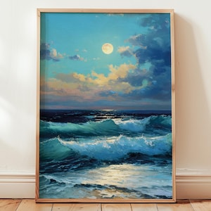 Mondlicht Meereswelle Druck, Küstenlandschaft Meer Wandbild, Friedliches Strand Wasser Poster, Blaues Meer Gemälde, Serene Ozean Landschaft Kunstwerk