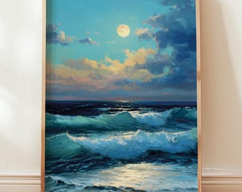 Moonlit Ocean Print: Tranquil Coastal Seascape, Beach House Decor