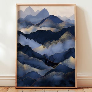 Abstract Blue Mountain Landscape Print: Gold Accent Nature Wall Art