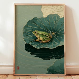 Poster con stampa di rana giapponese, stampa di animali verdi, foglia di loto, regalo per lei, decorazione zen, illustrazione minimalista, Japandi Wabi Sabi, rana