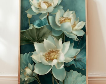 White Lotus Flower Giclée Print – Botanical Teal Wall Art