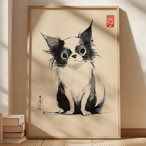 Stampa artistica da parete con Chihuahua giapponese, stile inchiostro, poster per cani, regalo per lei, illustrazione di un grazioso animale domestico, decorazione minimalista con animali, poster Chihuahua per amanti dei cani