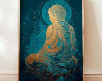 May include: A framed art print featuring a seated figure in gold and teal. The artwork depicts a person in a meditative pose, with a golden halo and flowing robes. The background is a deep teal with subtle patterns and a circular design.