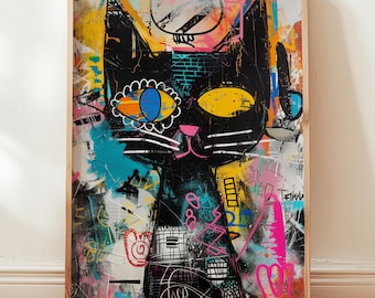 Basquiat Style Cat Art Print: Neo-Expressionist Graffiti Wall Decor